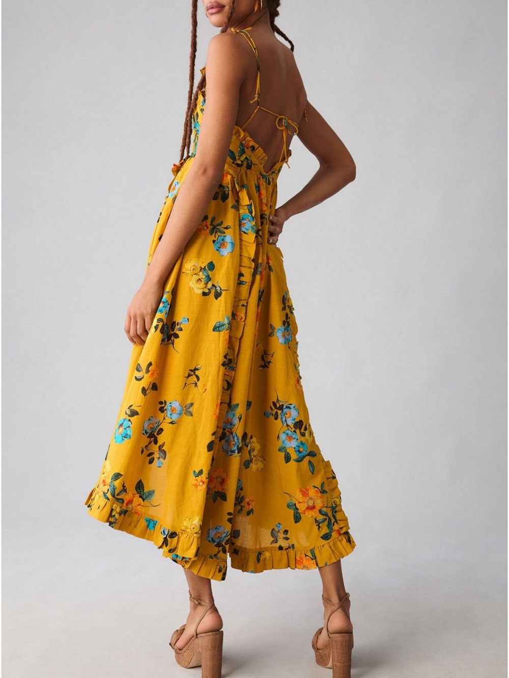 Anthropologie Mustard Yellow Floral High-Low Dress - Picture 6 of 7